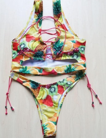 Pineapple Bikini for Big Boob Women Lace Up Swimwear Thong Bikini Set Two Pieces Swimsuit