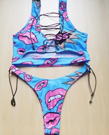 Pineapple Bikini for Big Boob Women Lace Up Swimwear Thong Bikini Set Two Pieces Swimsuit