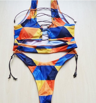 Pineapple Bikini for Big Boob Women Lace Up Swimwear Thong Bikini Set Two Pieces Swimsuit