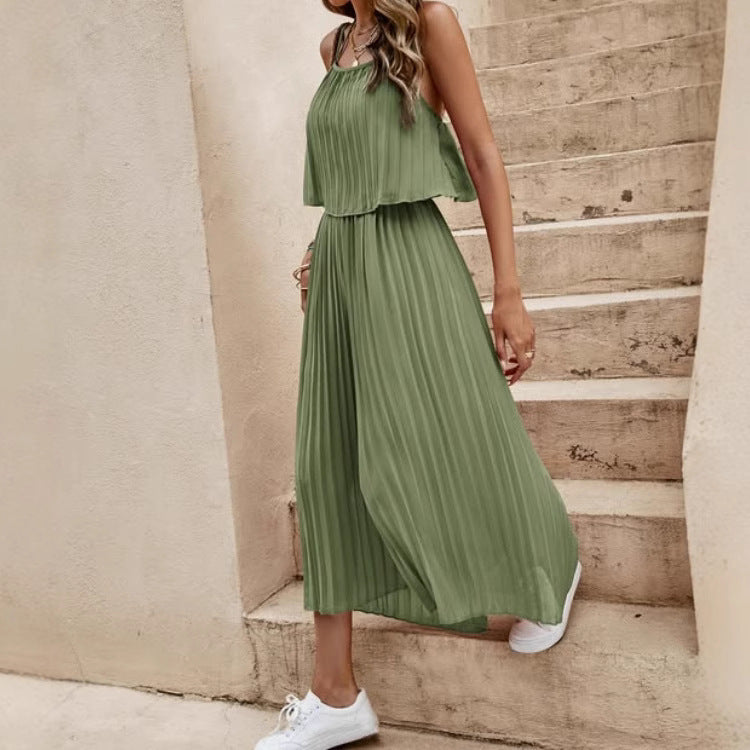 Women's Summer Dress Solid Color Vacation Loose Suit Strap Backless Thin Romper Streetwear