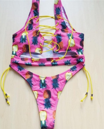 Pineapple Bikini for Big Boob Women Lace Up Swimwear Thong Bikini Set Two Pieces Swimsuit