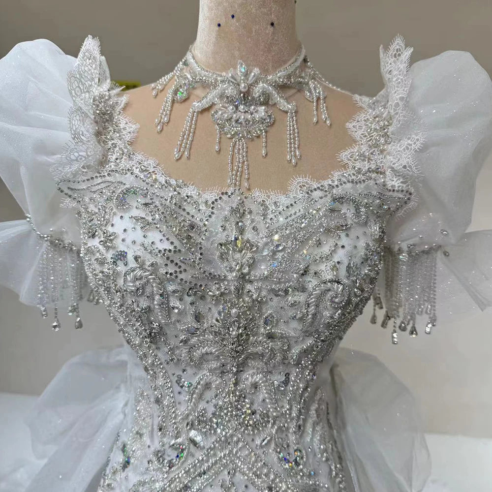 New African Bridal Lace Puff Sleeves Wedding Dress