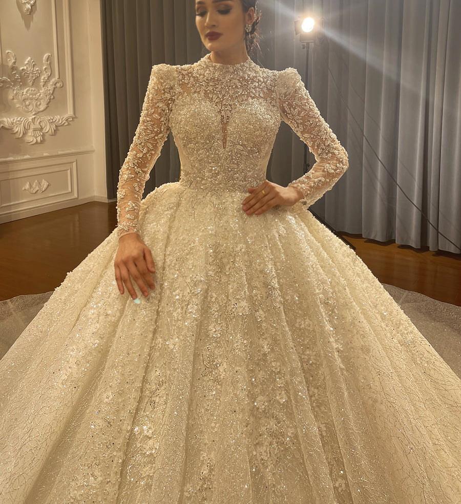 Modest Long Sleeve Wedding Dress – Crystal Pearl Train Gown