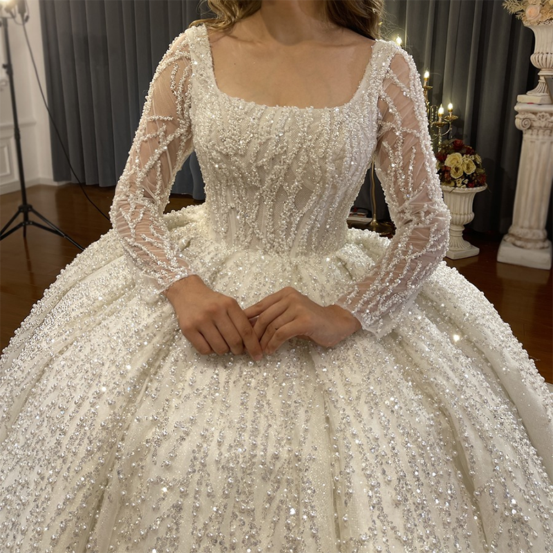 Beaded Ball Gown Wedding Dress – Illusion Collar & Sequins Elegance