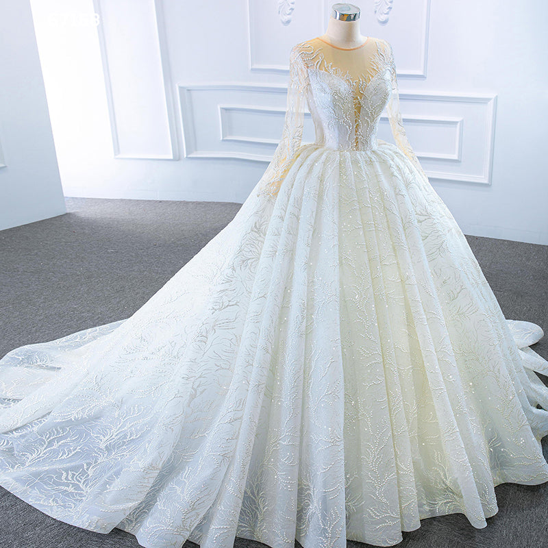 Jancember Long Sleeve Beading Applique Wedding Dresses for Bride