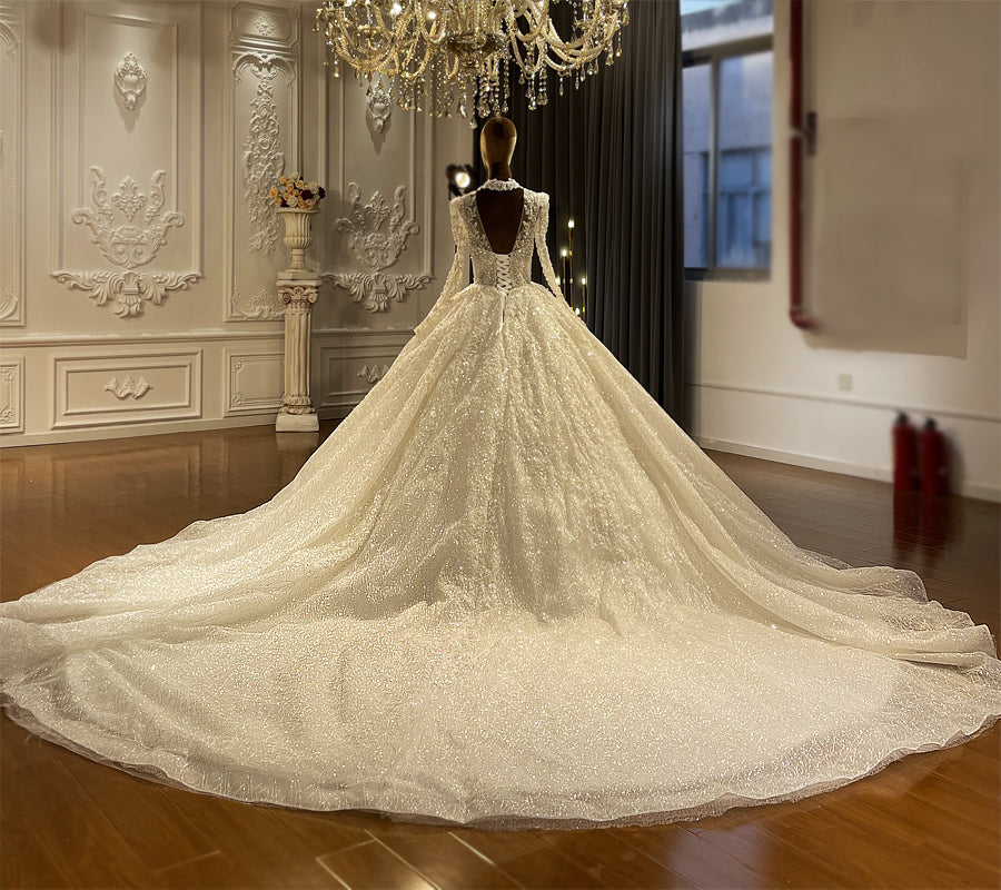 Modest Long Sleeve Wedding Dress – Crystal Pearl Train Gown