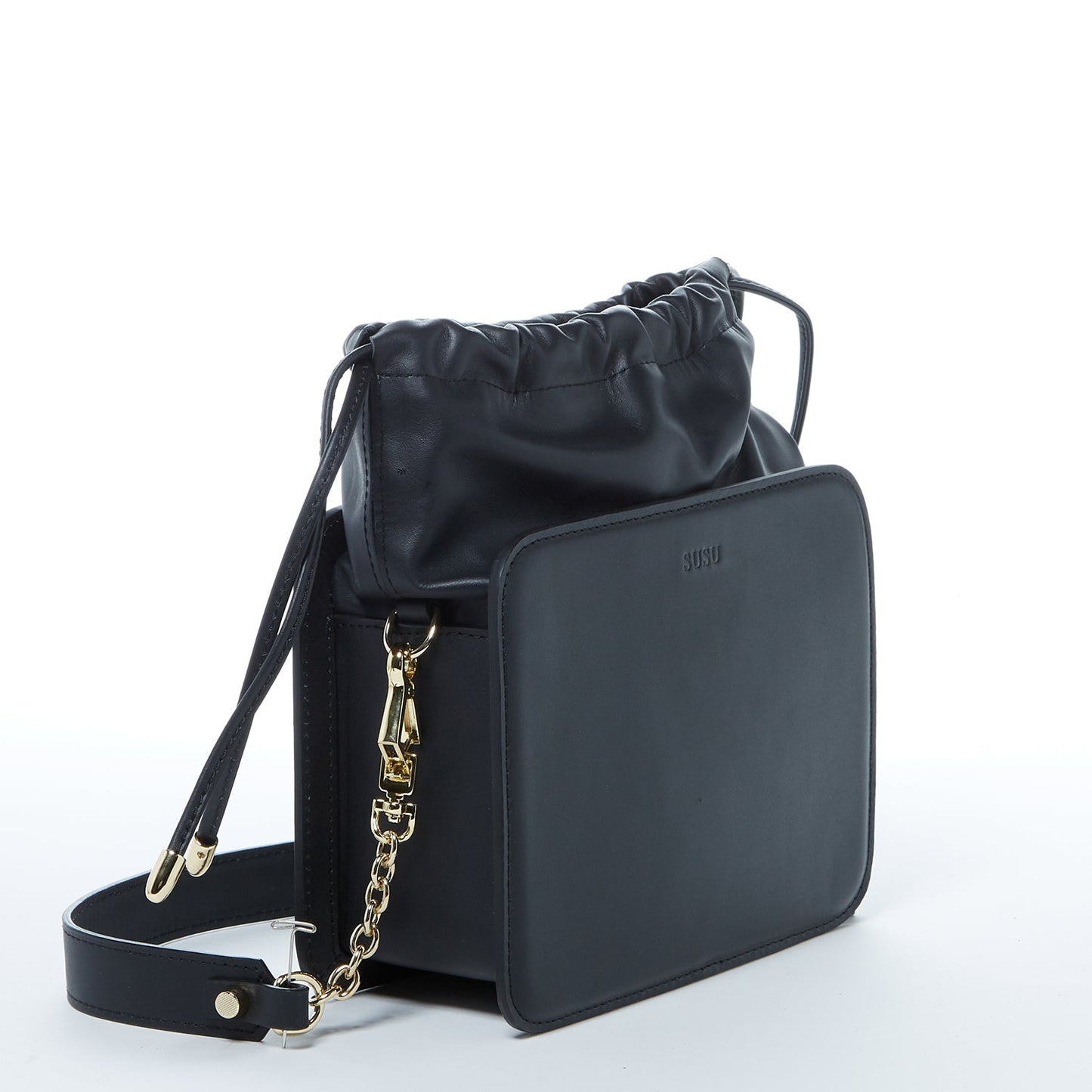 SUSU the Patricia Black Leather Purse Drawstring