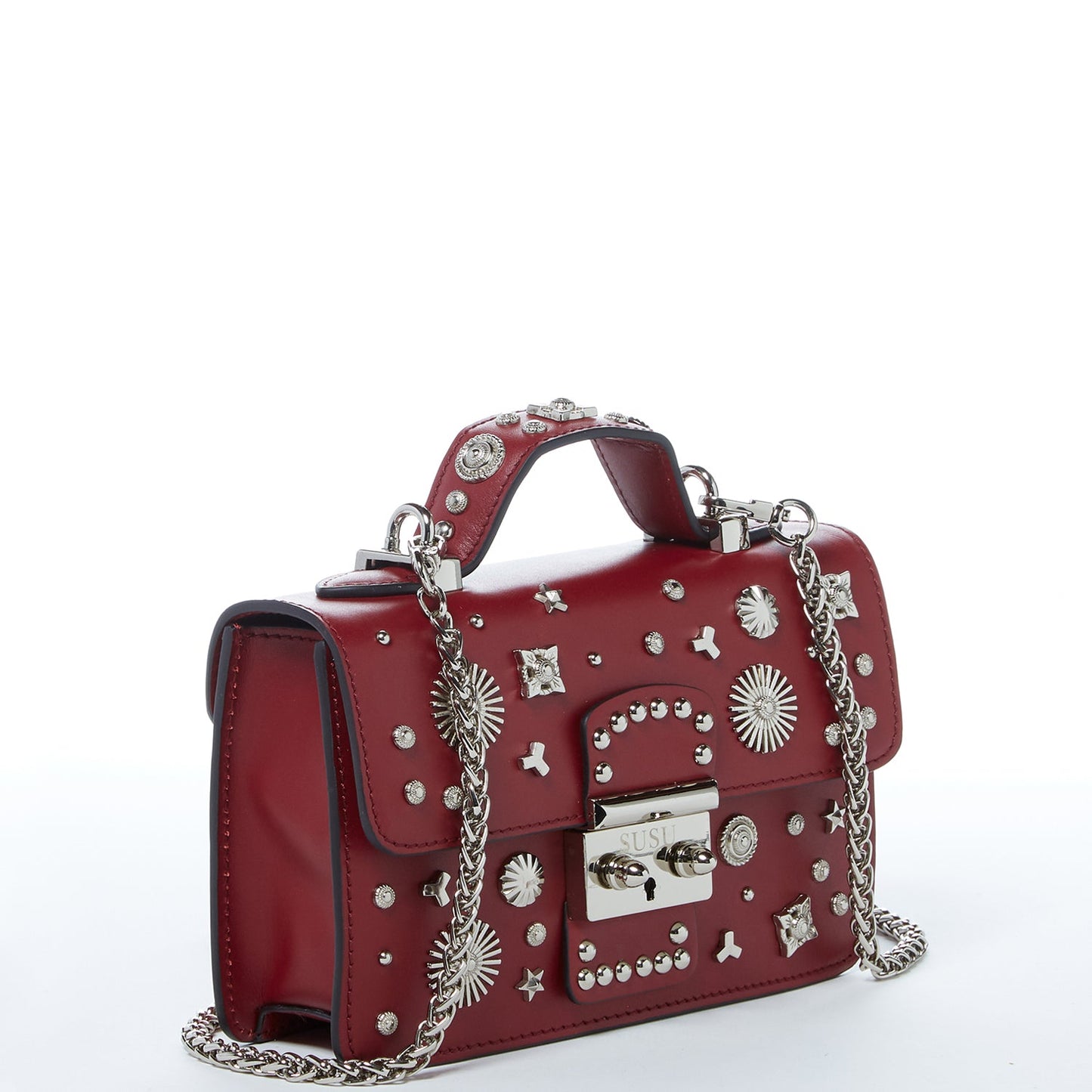 SUSU the Hollywood Studded Leather Crossbody Bag Burgundy