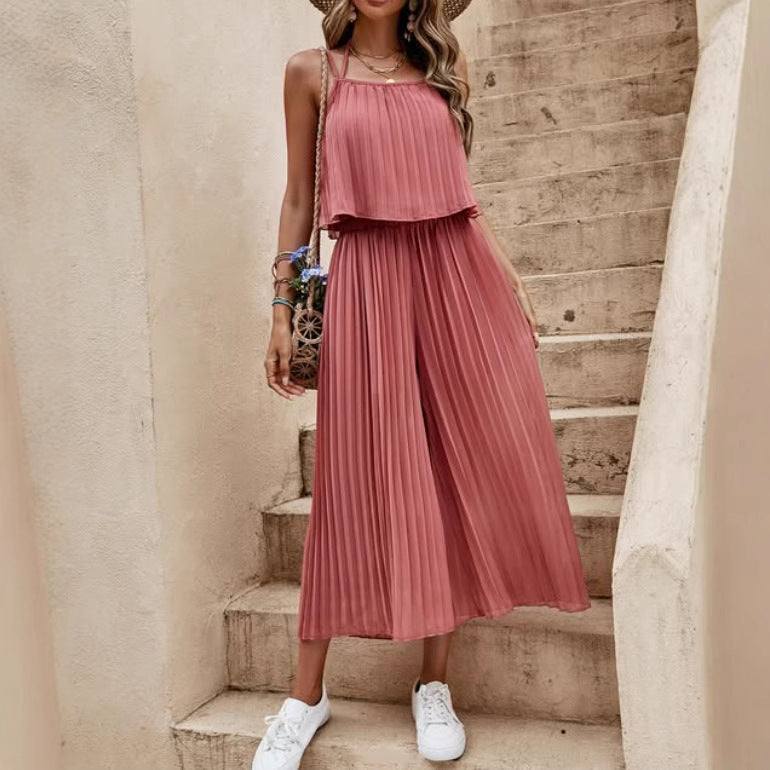 Women's Summer Dress Solid Color Vacation Loose Suit Strap Backless Thin Romper Streetwear