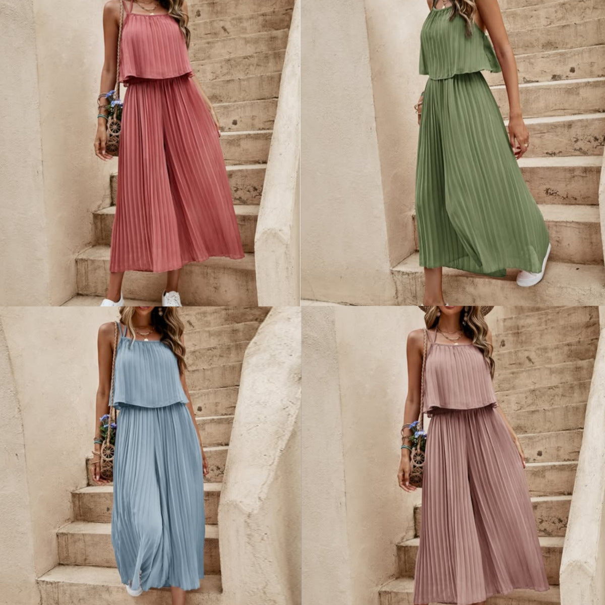 Women's Summer Dress Solid Color Vacation Loose Suit Strap Backless Thin Romper Streetwear