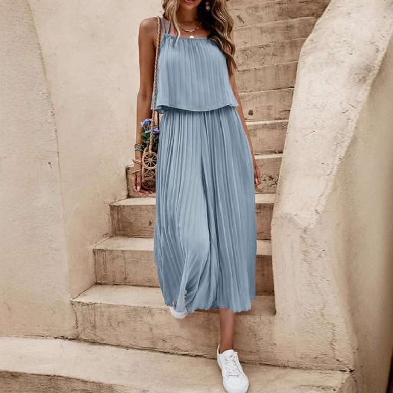 Women's Summer Dress Solid Color Vacation Loose Suit Strap Backless Thin Romper Streetwear