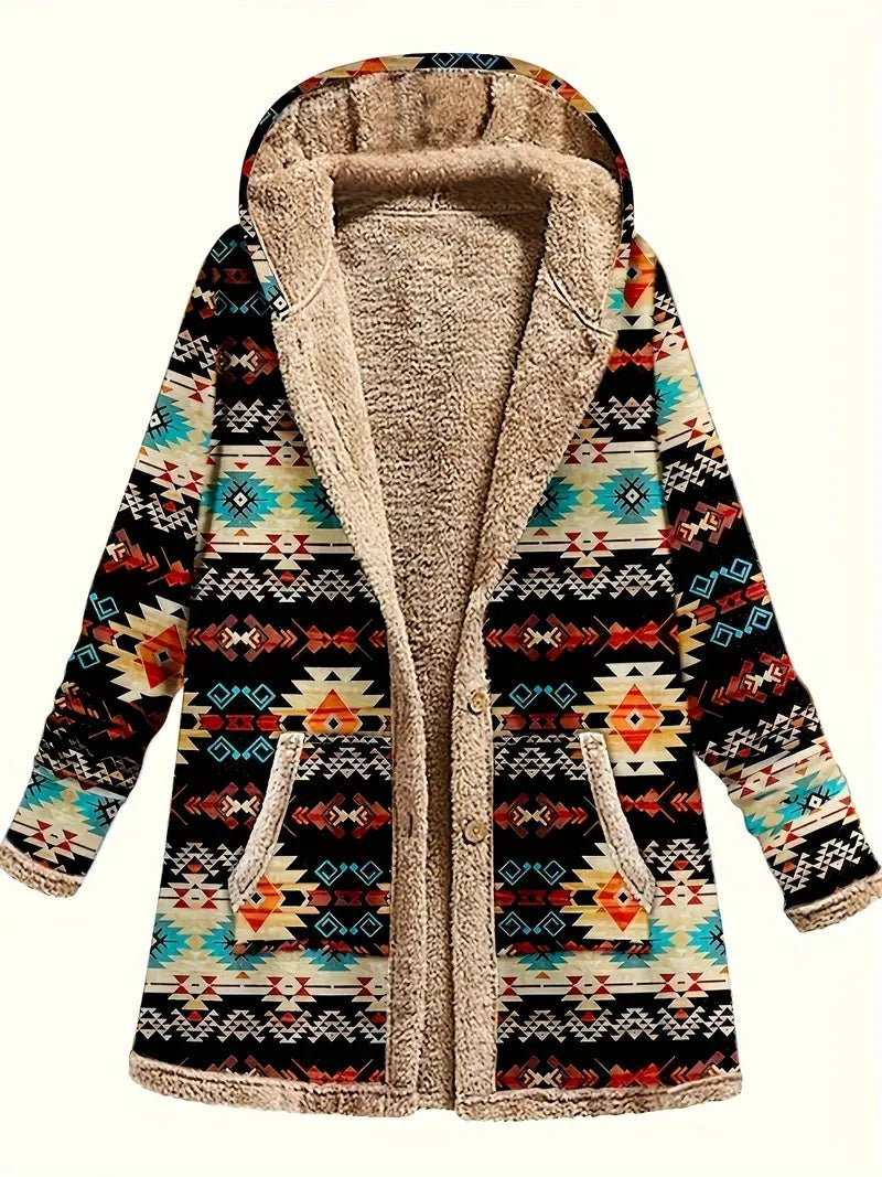 Boho Patchwork Hoodie – Cotton & Linen Plush-Lined Coat