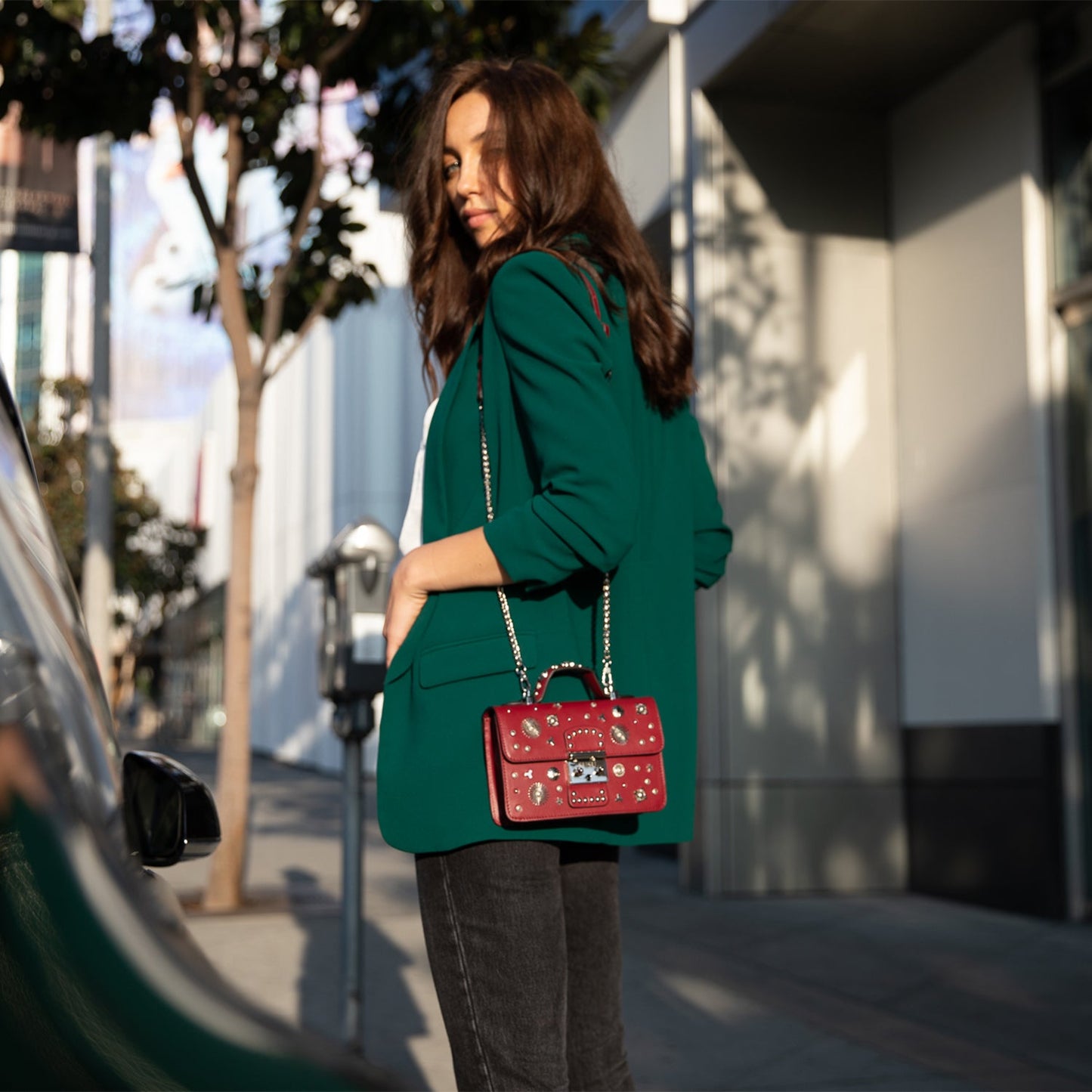 SUSU the Hollywood Studded Leather Crossbody Bag Burgundy