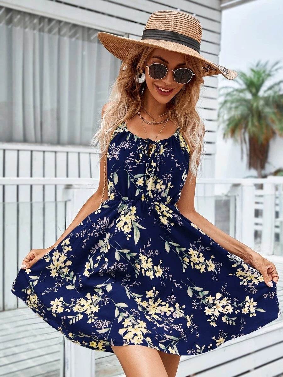 Floral Print Summer Dress With Elastic Waist Design