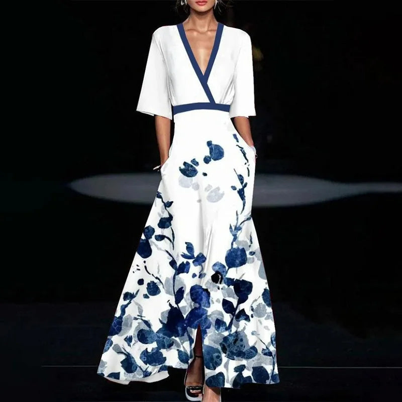 V-Neck Split Short-Sleeved Summer Dress Fashion Flower Print A-line Long Dresses Party Club Beach Clothing For Women