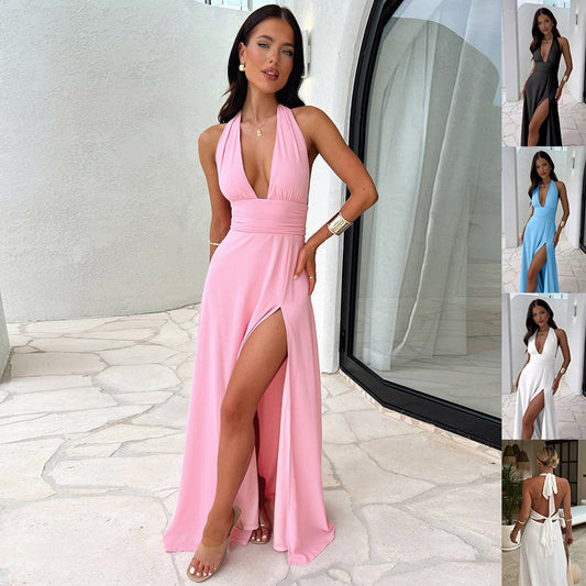 Sexy Halterneck V-neck Slit  Summer Dress Backless Strappy Skirt