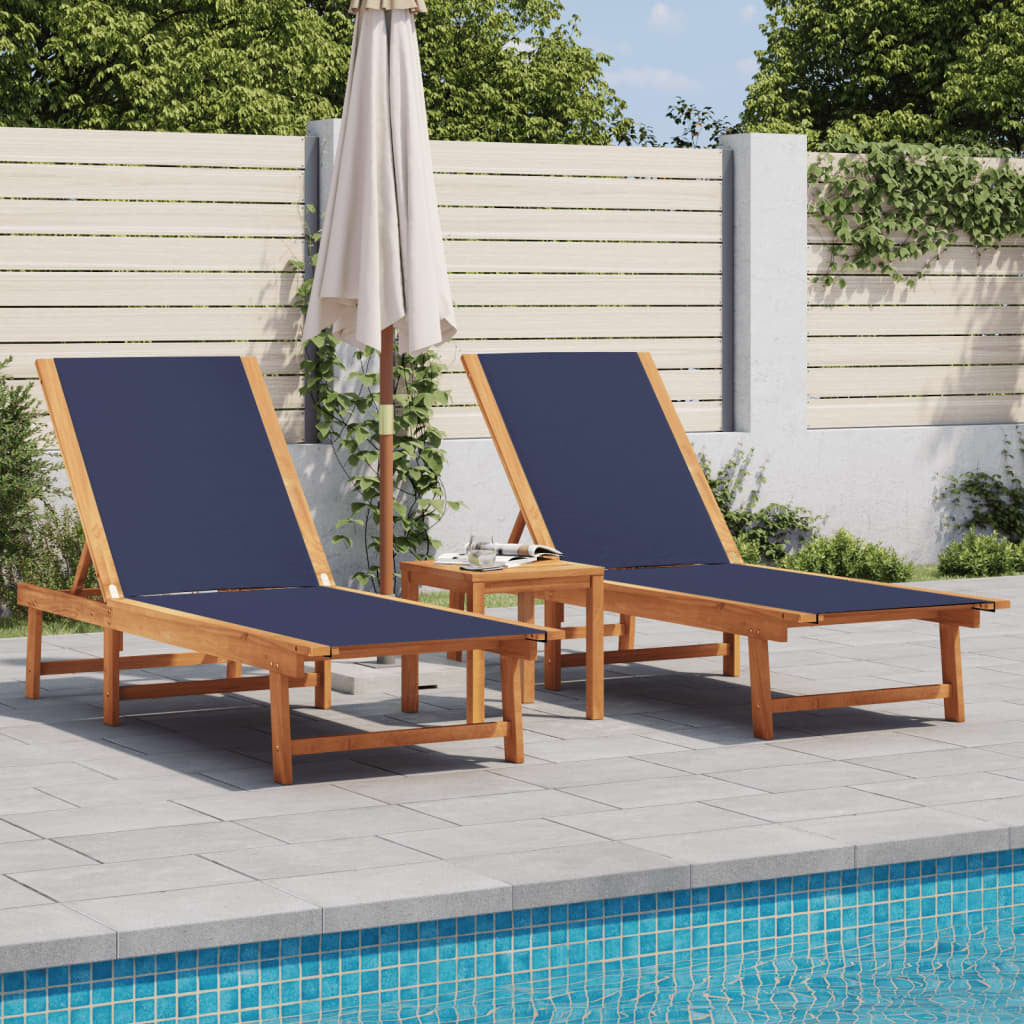 2 Blue Sun Loungers with Side Table – Solid Acacia Wood & Textilene Fabric