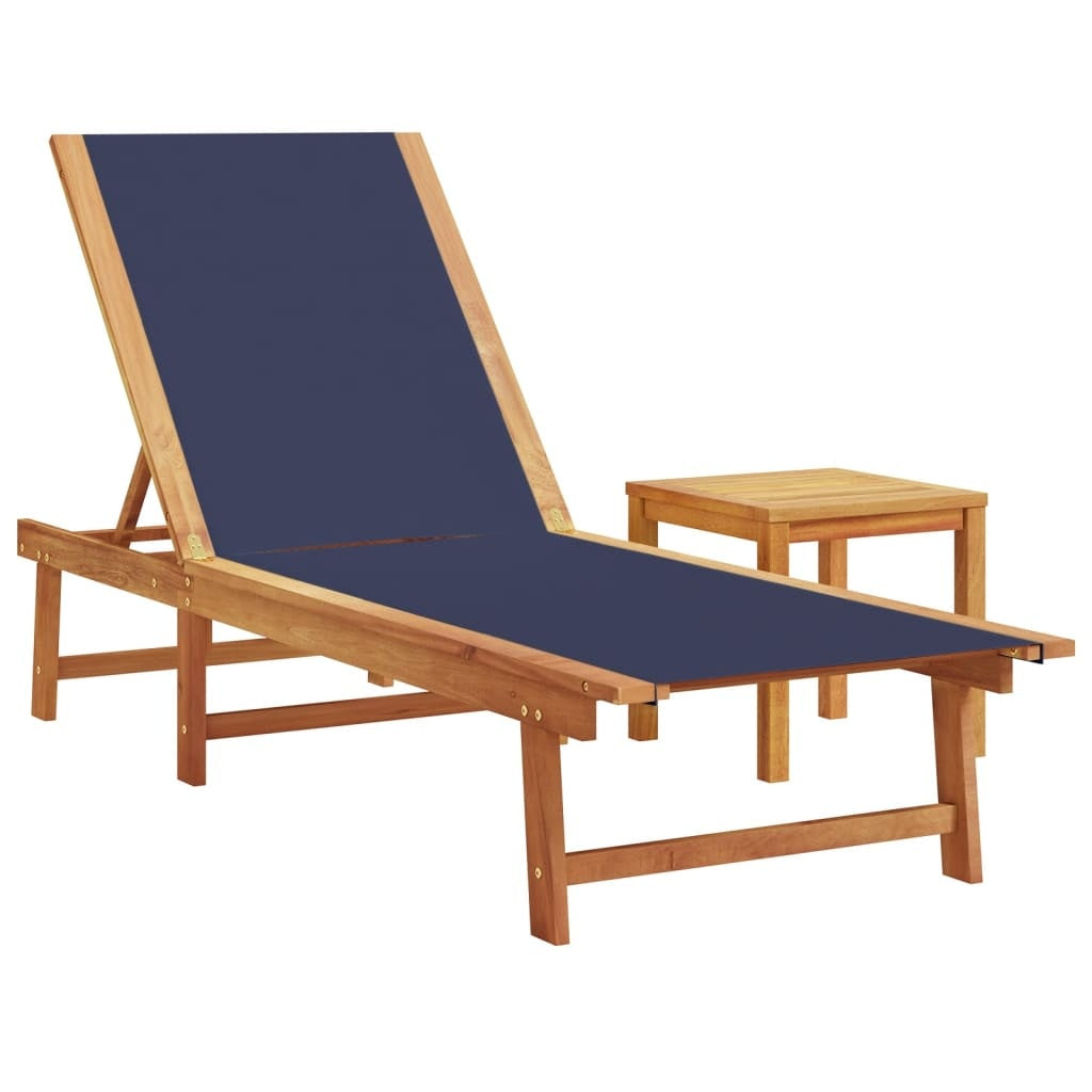 2 Blue Sun Loungers with Side Table – Solid Acacia Wood & Textilene Fabric