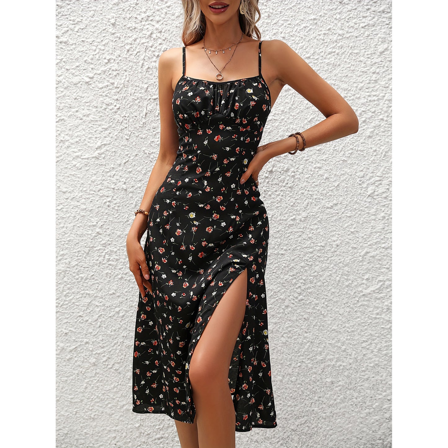 New Polka Dot Print Suspender Summer Dress Sexy Split Long Dresses For Womens Clothing