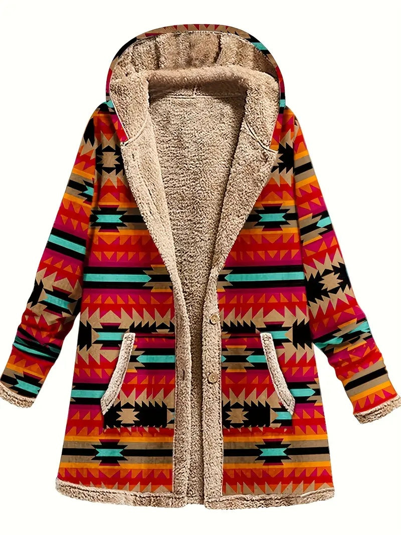 Boho Patchwork Hoodie – Cotton & Linen Plush-Lined Coat