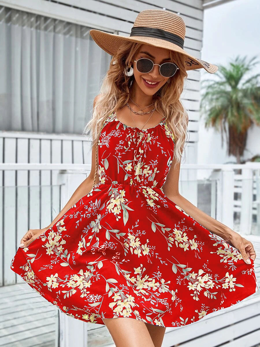 Floral Print Summer Dress With Elastic Waist Design