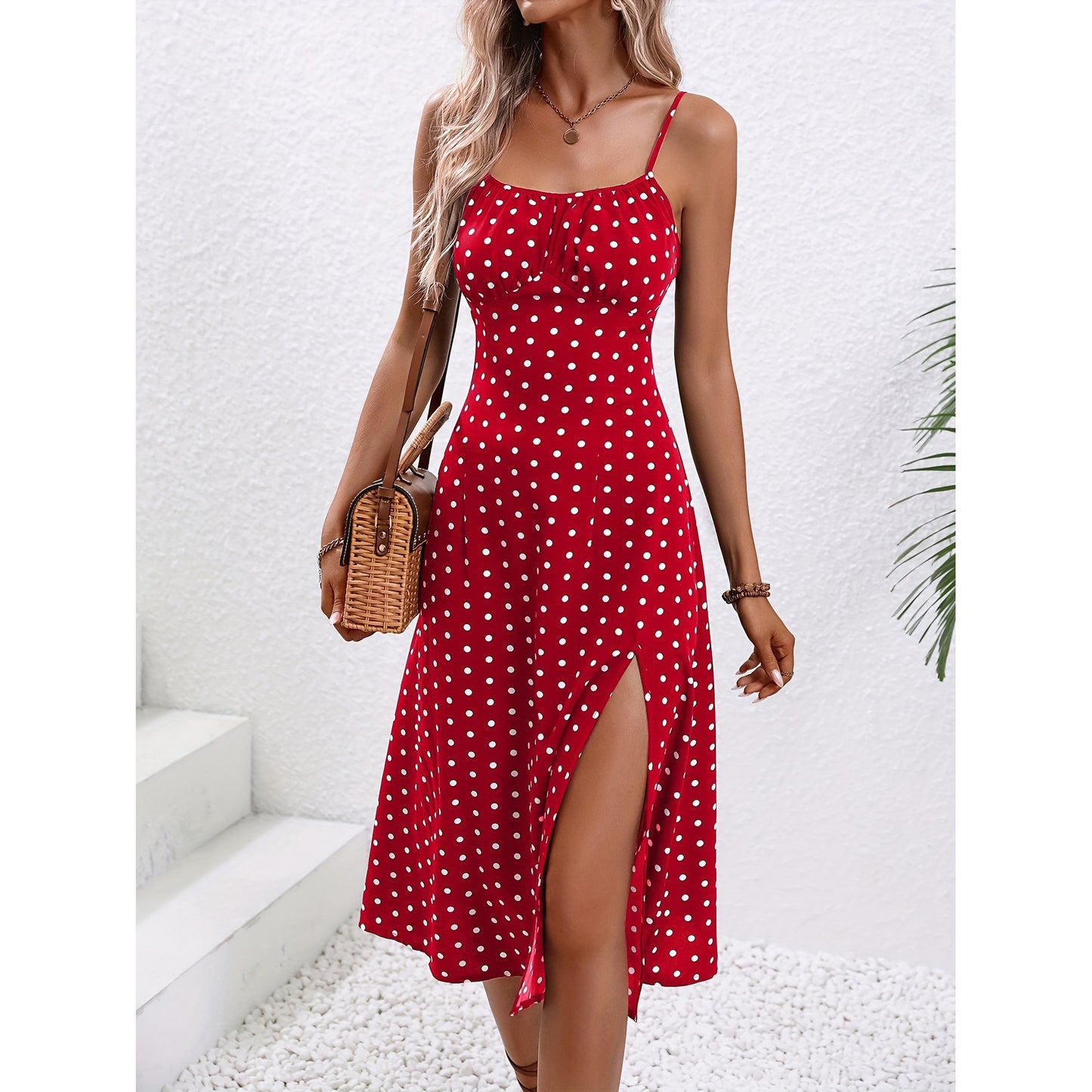 New Polka Dot Print Suspender Summer Dress Sexy Split Long Dresses For Womens Clothing