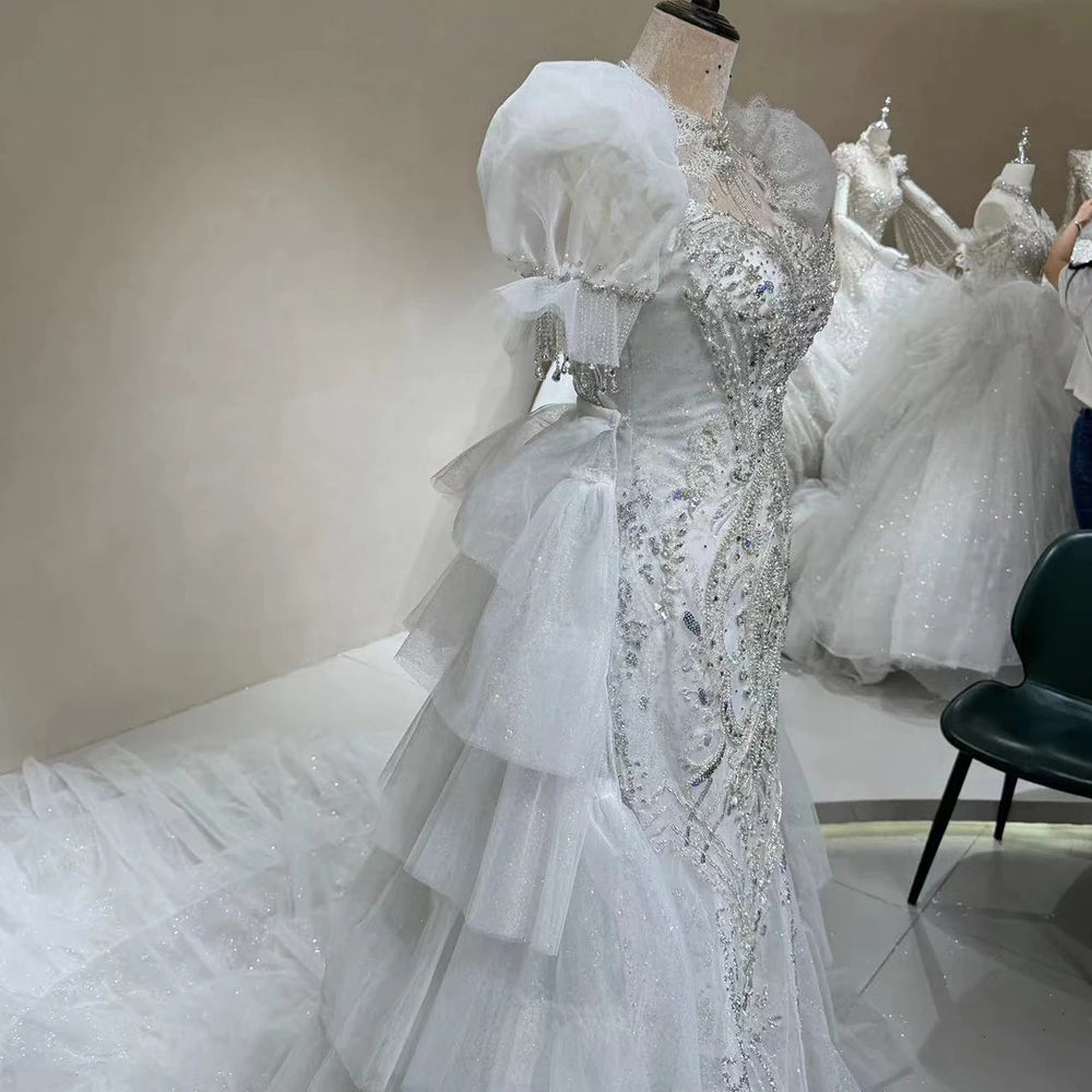 New African Bridal Lace Puff Sleeves Wedding Dress