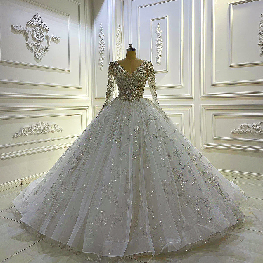 Crystal Bling Long Sleeve V-Neck Bridal Ball Gown Wedding Dress Jancember AM1060