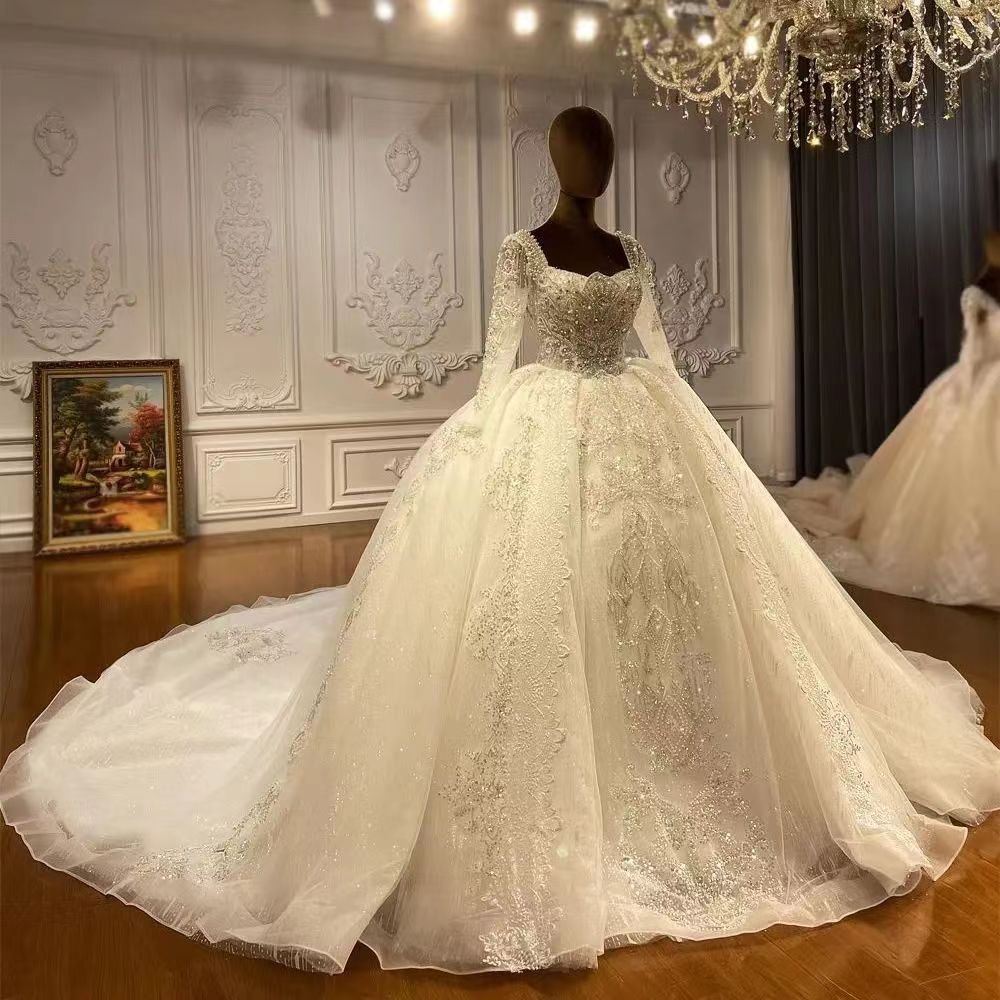 Crystal Bling Long Sleeve V-Neck Bridal Ball Gown Wedding Dress Jancember AM1060
