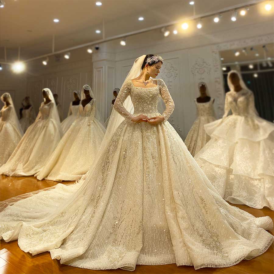 Stylish Satin Wedding Dress Long Sleeve & Train for Plus Sizes