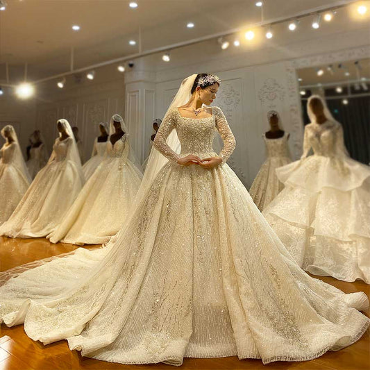 Stylish Satin Wedding Dress Long Sleeve & Train for Plus Sizes
