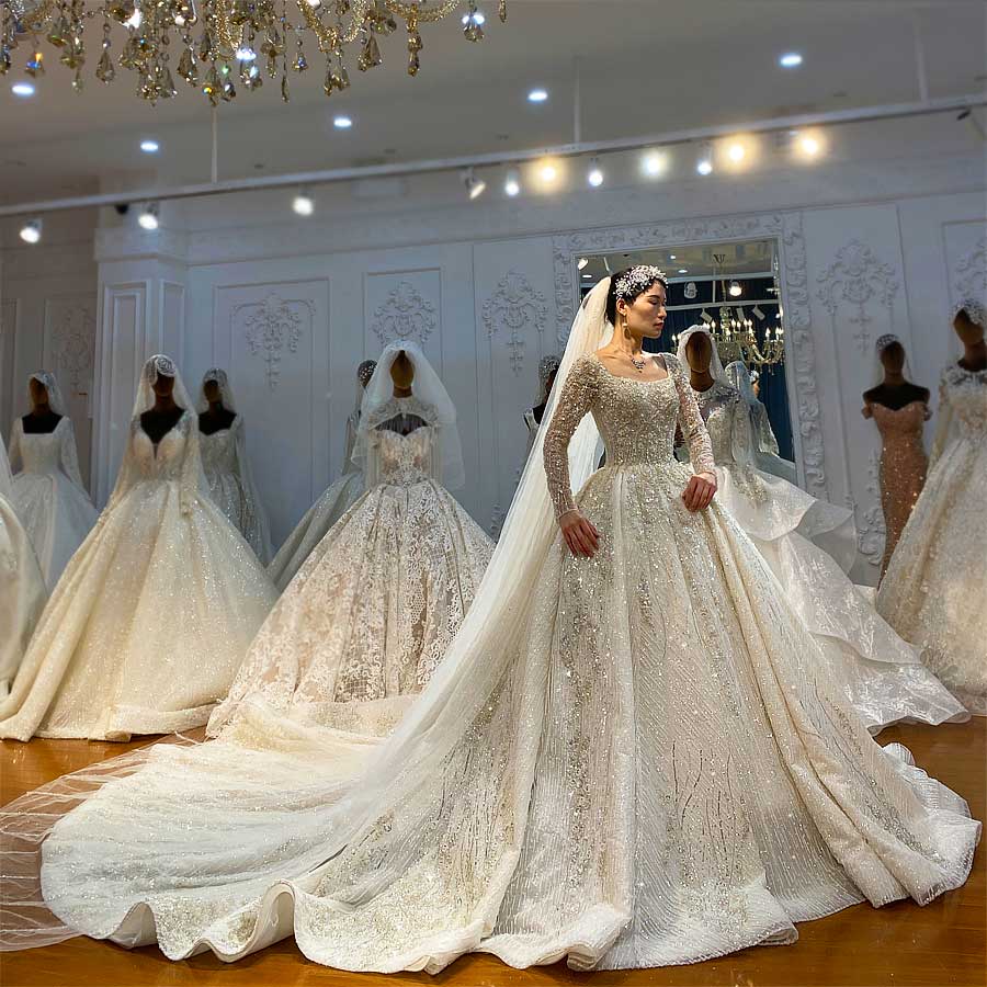 Stylish Satin Wedding Dress Long Sleeve & Train for Plus Sizes