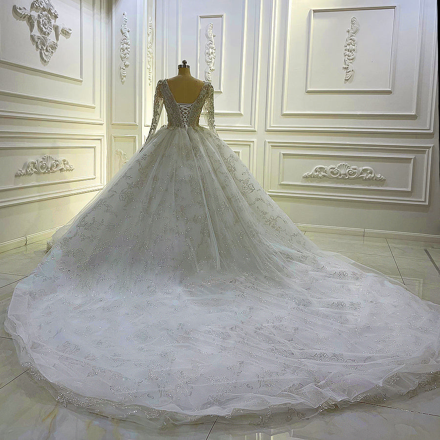 Crystal Bling Long Sleeve V-Neck Bridal Ball Gown Wedding Dress Jancember AM1060
