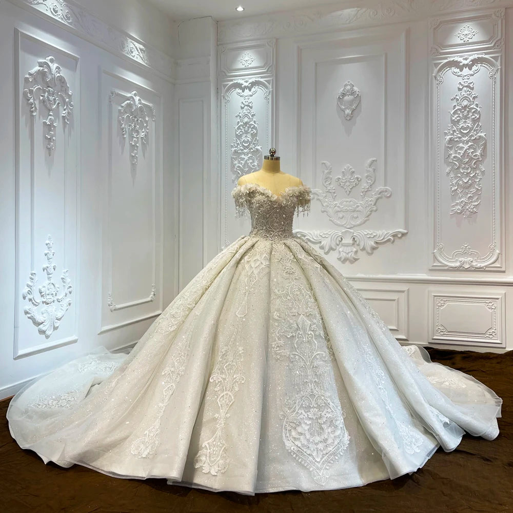 Off-Shoulder Princess Wedding Dress – Crystal Beaded Luxury Gown
