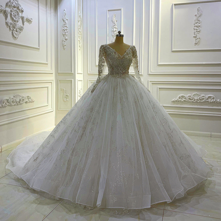 Crystal Bling Long Sleeve V-Neck Bridal Ball Gown Wedding Dress Jancember AM1060