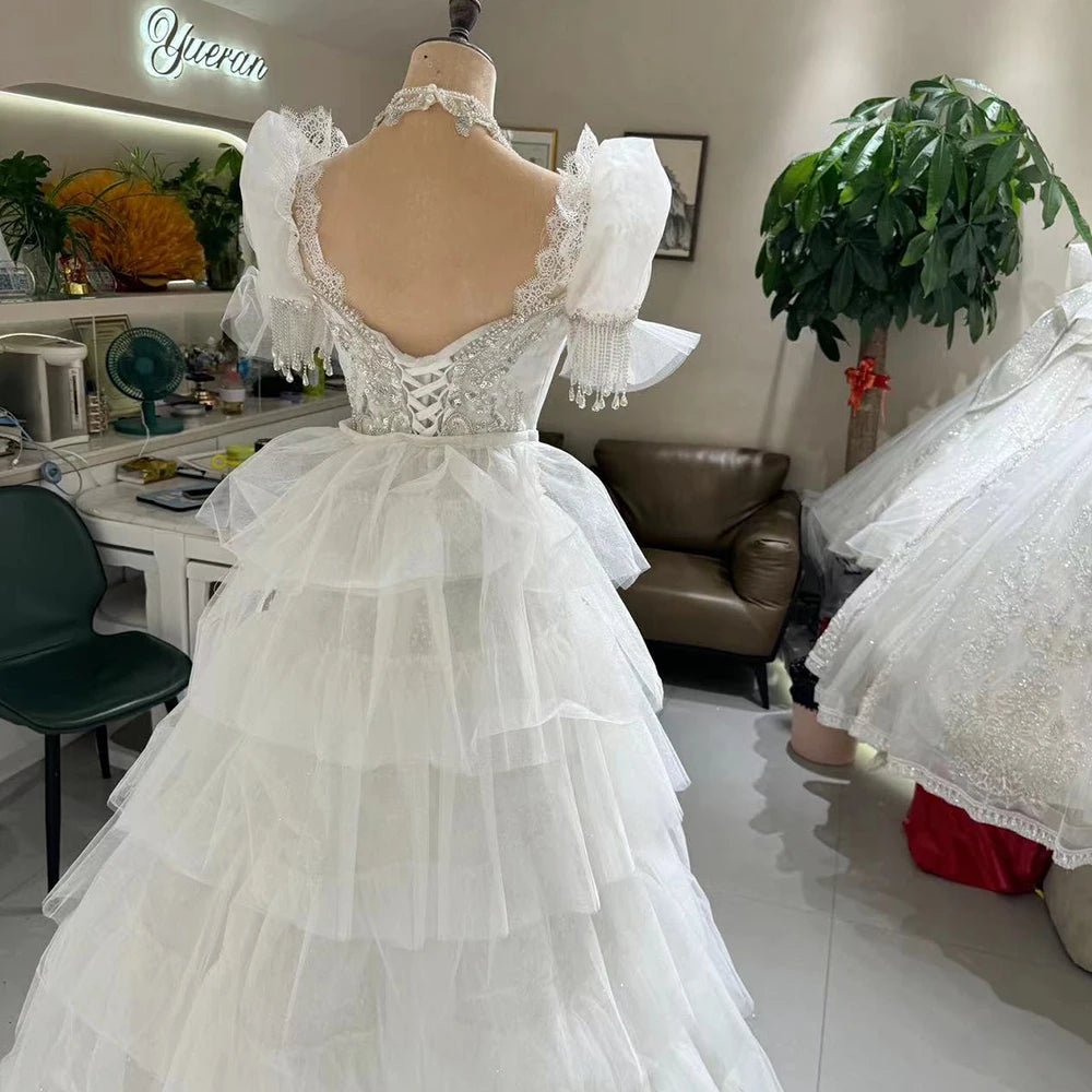 New African Bridal Lace Puff Sleeves Wedding Dress
