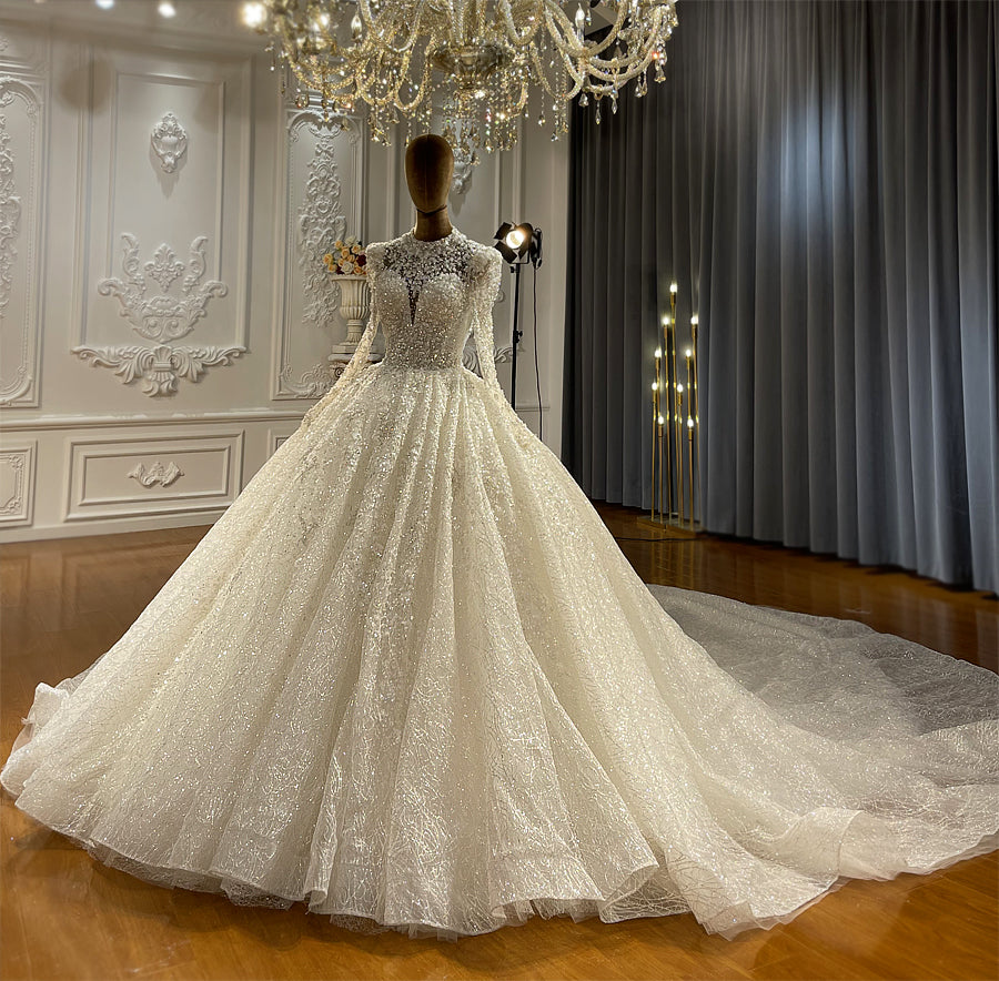 Modest Long Sleeve Wedding Dress – Crystal Pearl Train Gown