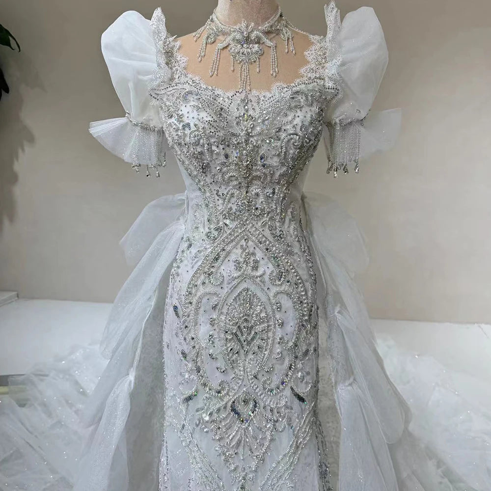 New African Bridal Lace Puff Sleeves Wedding Dress