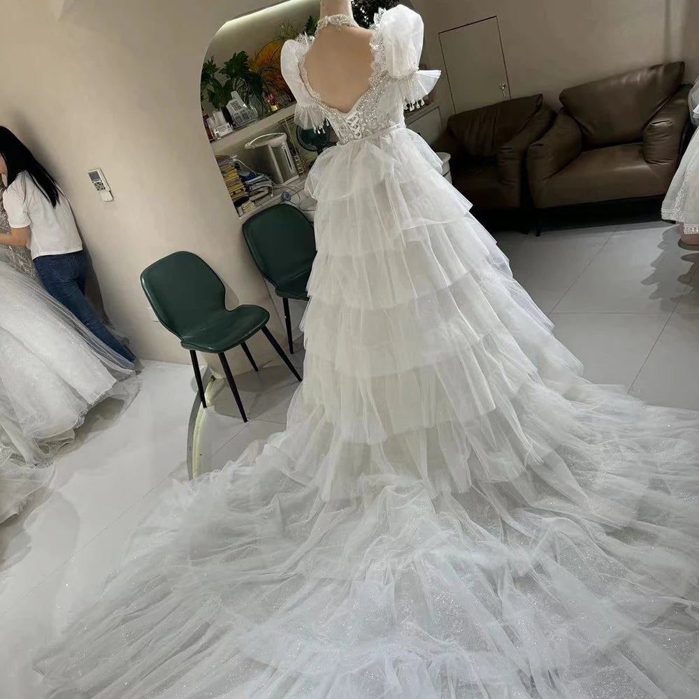 New African Bridal Lace Puff Sleeves Wedding Dress