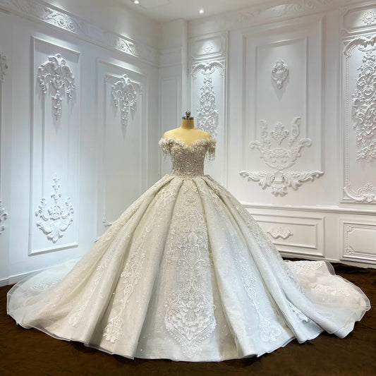 Off-Shoulder Princess Wedding Dress – Crystal Beaded Luxury Gown