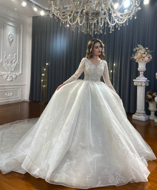 Ivory Luxury Lace Sequins Long Sleeve Bridal Dresses Wedding Jancember NS4277