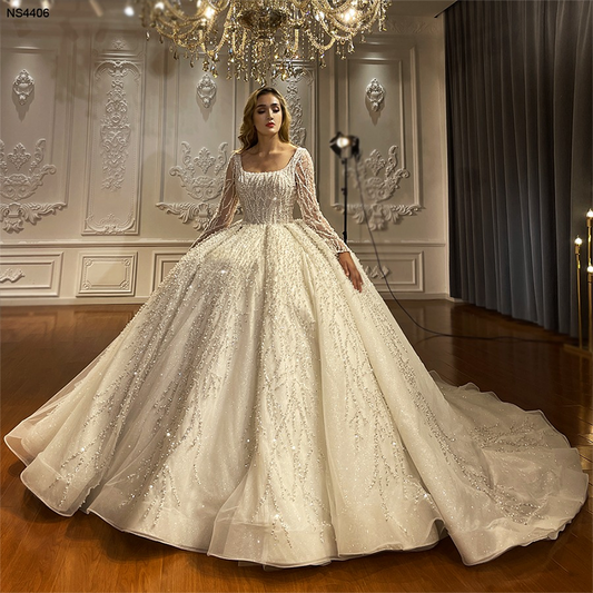 Beaded Ball Gown Wedding Dress – Illusion Collar & Sequins Elegance