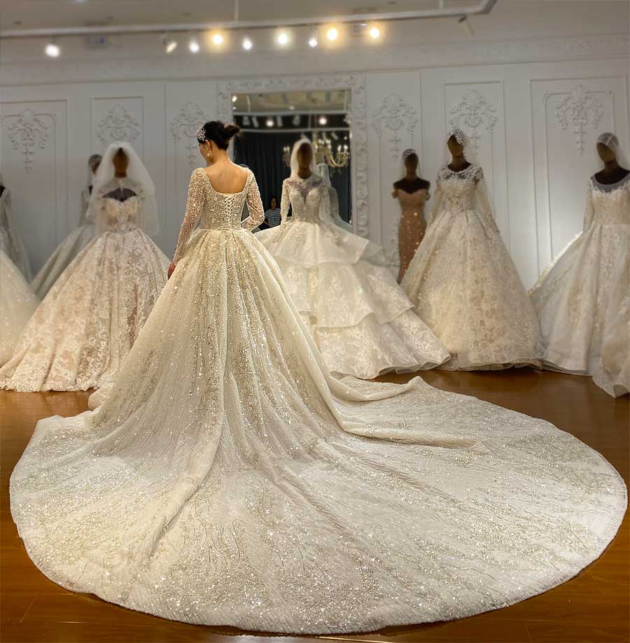 Stylish Satin Wedding Dress Long Sleeve & Train for Plus Sizes