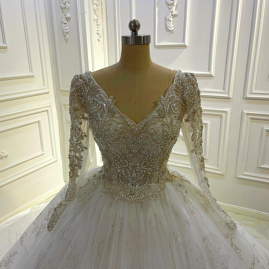 Crystal Bling Long Sleeve V-Neck Bridal Ball Gown Wedding Dress Jancember AM1060