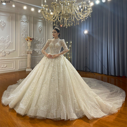 Modest Long Sleeve Wedding Dress – Crystal Pearl Train Gown