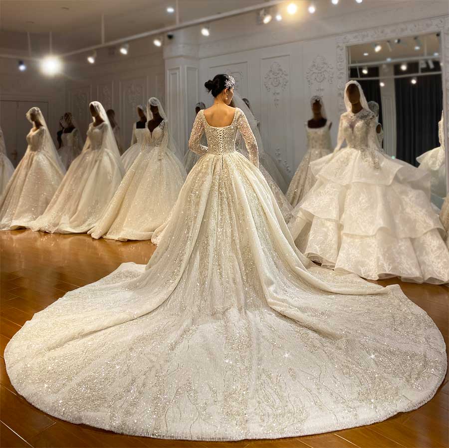 Stylish Satin Wedding Dress Long Sleeve & Train for Plus Sizes