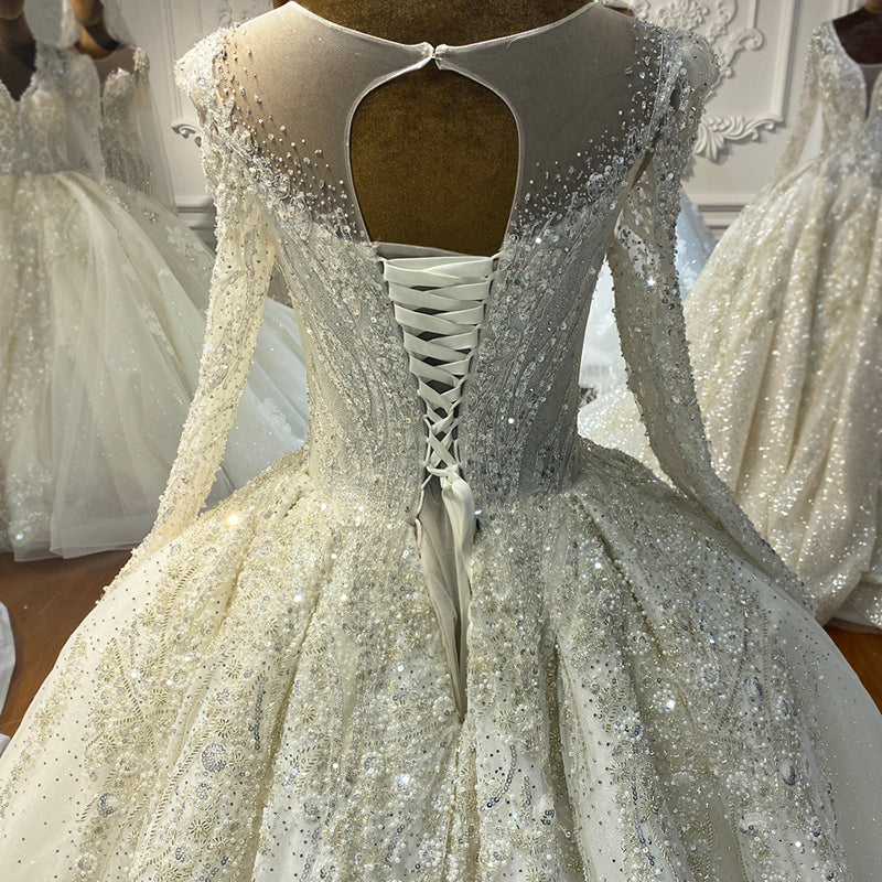 Luxury Beaded Long Sleeve Wedding Dress – Elegant Full Coverage Gown