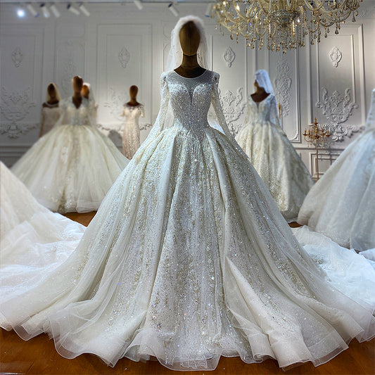 Luxury Beaded Long Sleeve Wedding Dress – Elegant Full Coverage Gown