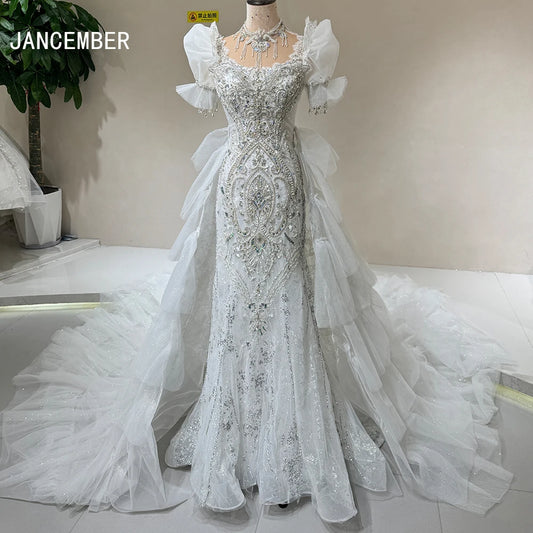 New African Bridal Lace Puff Sleeves Wedding Dress