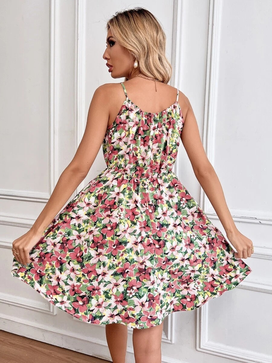 Floral Print Summer Dress With Elastic Waist Design
